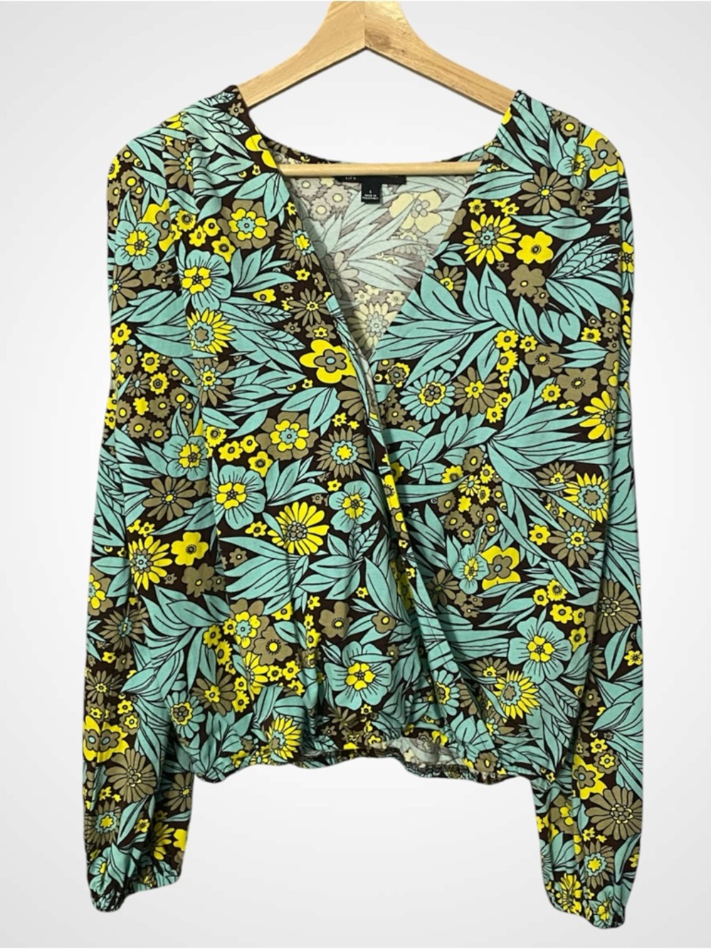 INC International Concepts Aqua and Yellow Floral Wrap Top